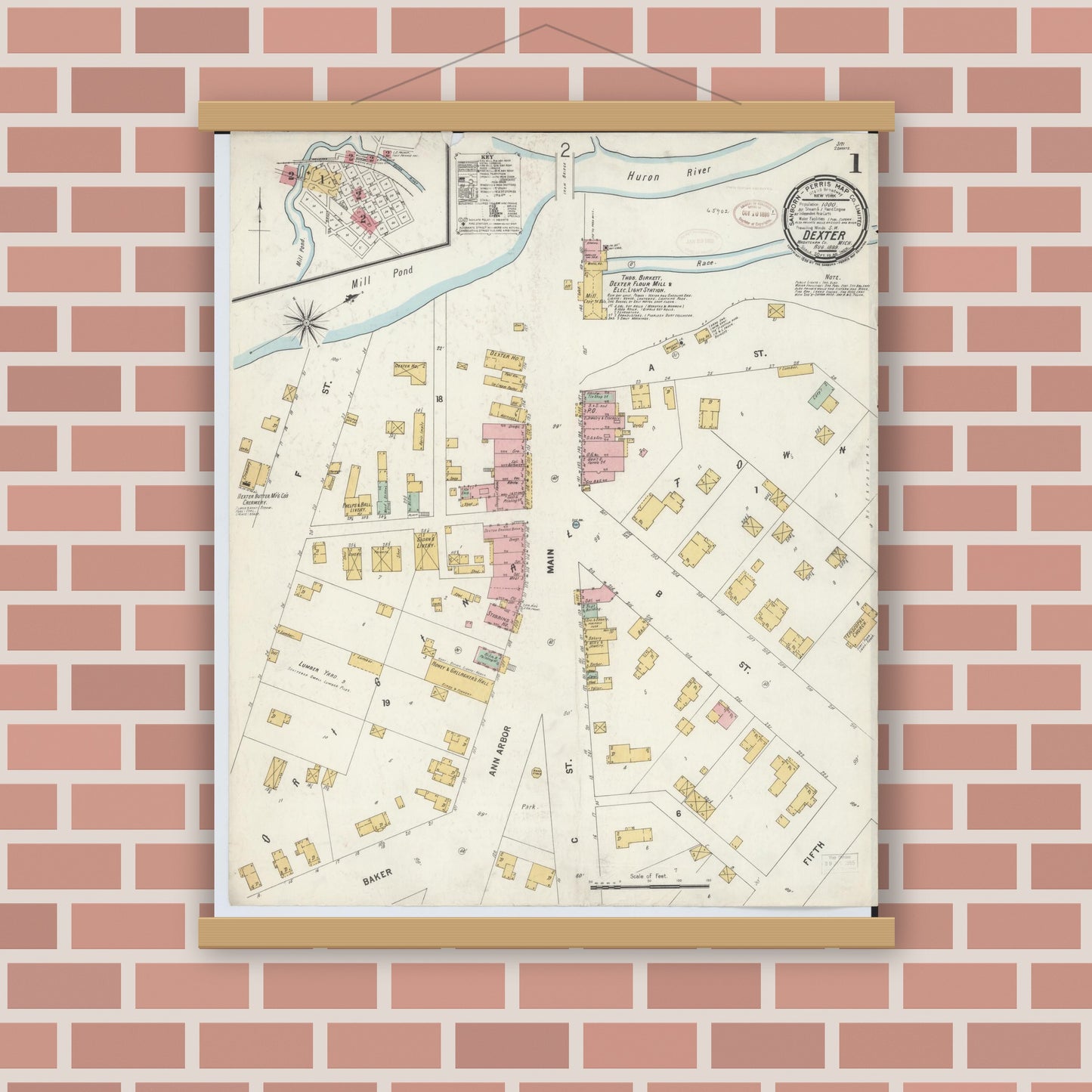 Old map wall art mockup — magnetic wood frame on brick wall — Sanborn Fire Insurance Map from Dexter, Washtenaw County, Michigan (1899), Sheet #0001