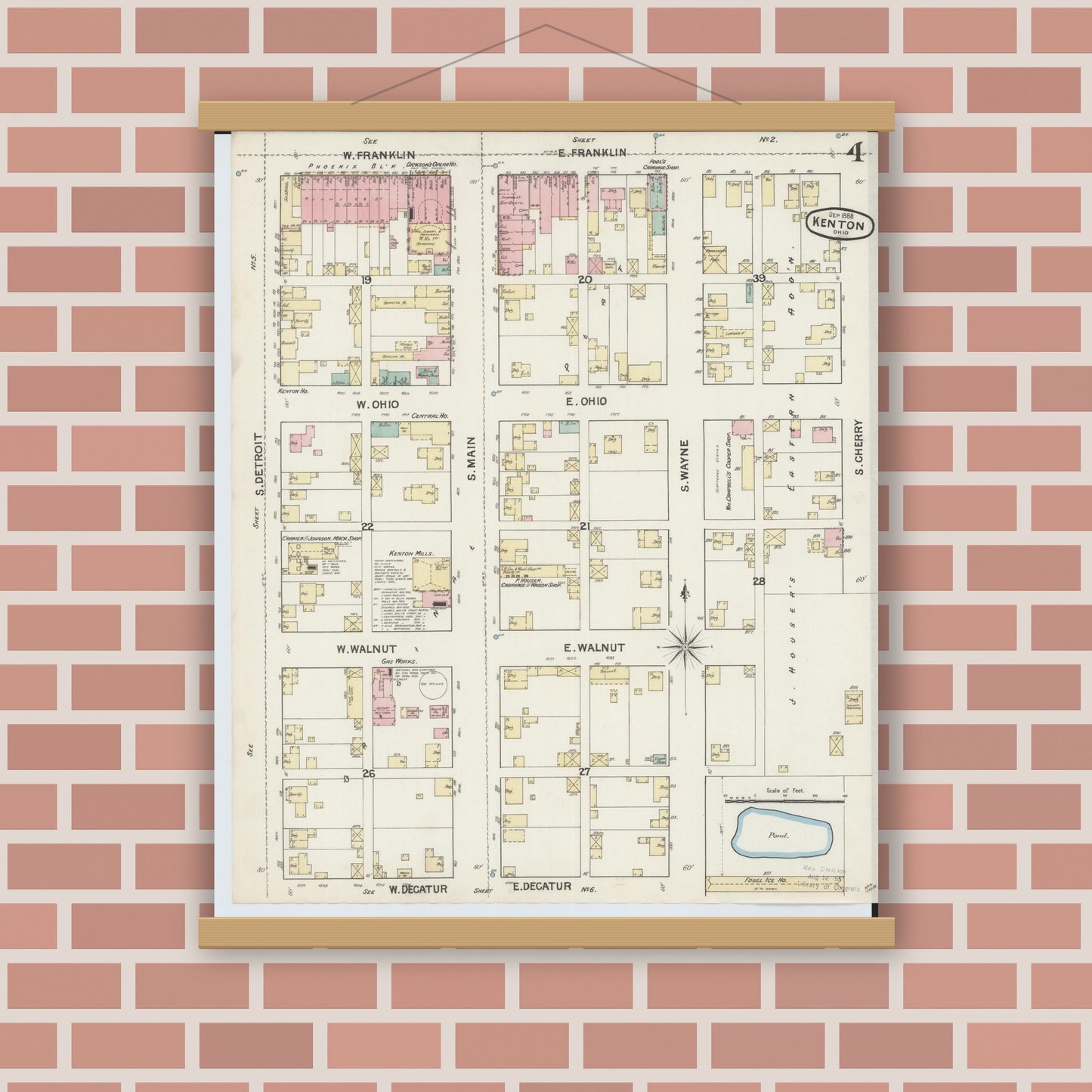 Old map wall art mockup — magnetic wood frame on brick wall — Sanborn Fire Insurance Map from Kenton, Hardin County, Ohio (1888), Sheet #0004