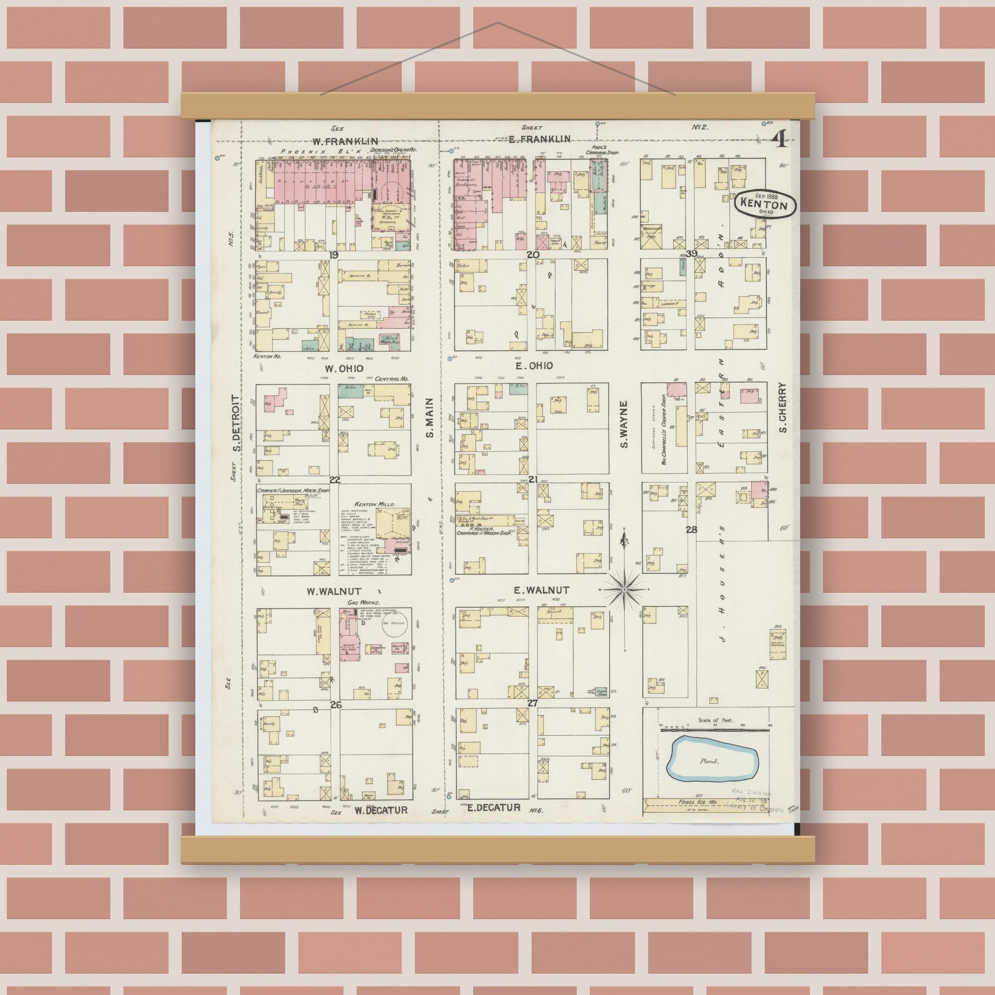 Old map wall art mockup — magnetic wood frame on brick wall — Sanborn Fire Insurance Map from Kenton, Hardin County, Ohio (1888), Sheet #0004