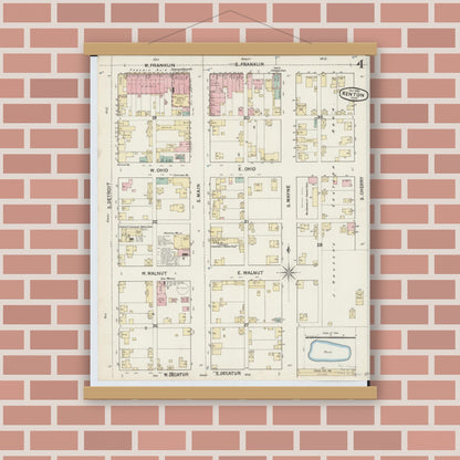 Old map wall art mockup — magnetic wood frame on brick wall — Sanborn Fire Insurance Map from Kenton, Hardin County, Ohio (1888), Sheet #0004