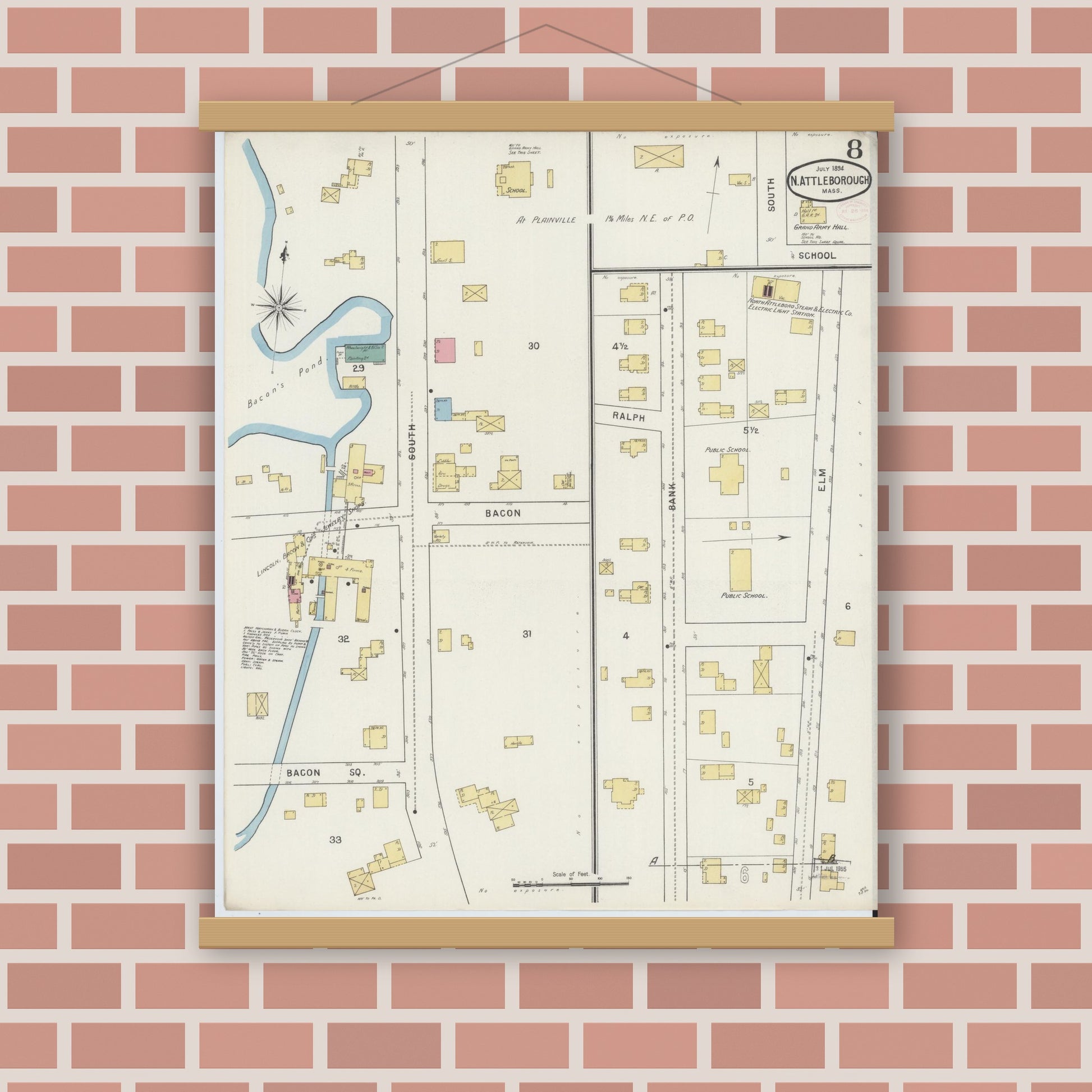 Old map wall art mockup — magnetic wood frame on brick wall — Sanborn Fire Insurance Map from North Attleborough, Bristol County, Massachusetts (1894), Sheet #0008