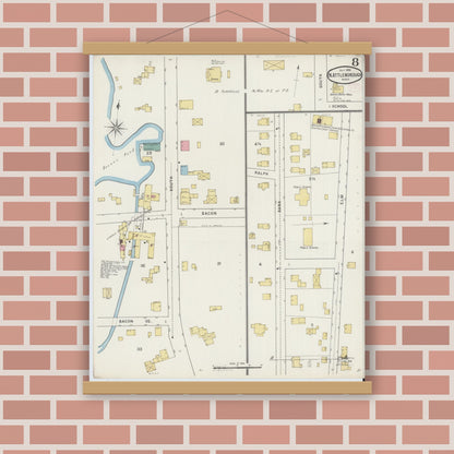Old map wall art mockup — magnetic wood frame on brick wall — Sanborn Fire Insurance Map from North Attleborough, Bristol County, Massachusetts (1894), Sheet #0008