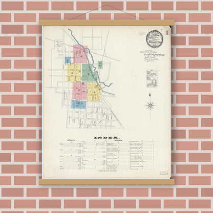 Old map wall art mockup — magnetic wood frame on brick wall — Sanborn Fire Insurance Map from Rochester, Fulton County, Indiana (1890), Sheet #0001