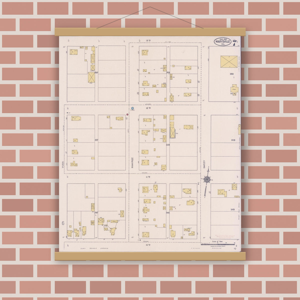Old map wall art mockup — magnetic wood frame on brick wall — Sanborn Fire Insurance Map from Marysville, Yuba County, California (1921), Sheet #0007