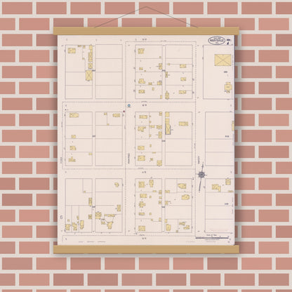 Old map wall art mockup — magnetic wood frame on brick wall — Sanborn Fire Insurance Map from Marysville, Yuba County, California (1921), Sheet #0007