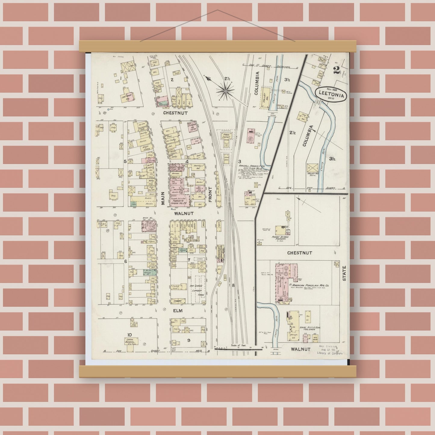 Old map wall art mockup — magnetic wood frame on brick wall — Sanborn Fire Insurance Map from Leetonia, Columbiana County, Ohio (1888), Sheet #0002