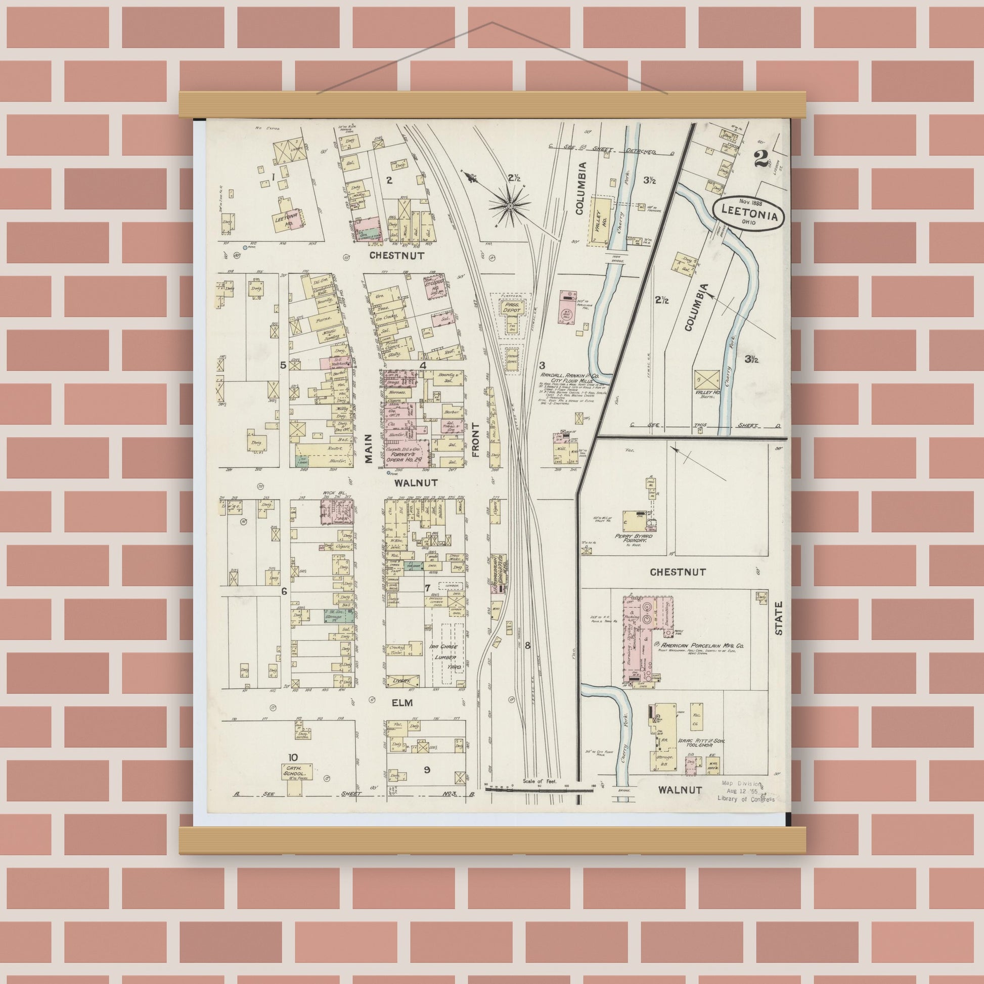 Old map wall art mockup — magnetic wood frame on brick wall — Sanborn Fire Insurance Map from Leetonia, Columbiana County, Ohio (1888), Sheet #0002