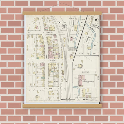 Old map wall art mockup — magnetic wood frame on brick wall — Sanborn Fire Insurance Map from Leetonia, Columbiana County, Ohio (1888), Sheet #0002