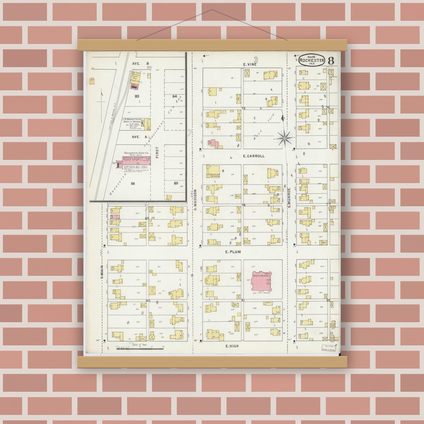 Old map wall art mockup — magnetic wood frame on brick wall — Sanborn Fire Insurance Map from Rochester, Fulton County, Indiana (1895), Sheet #0008
