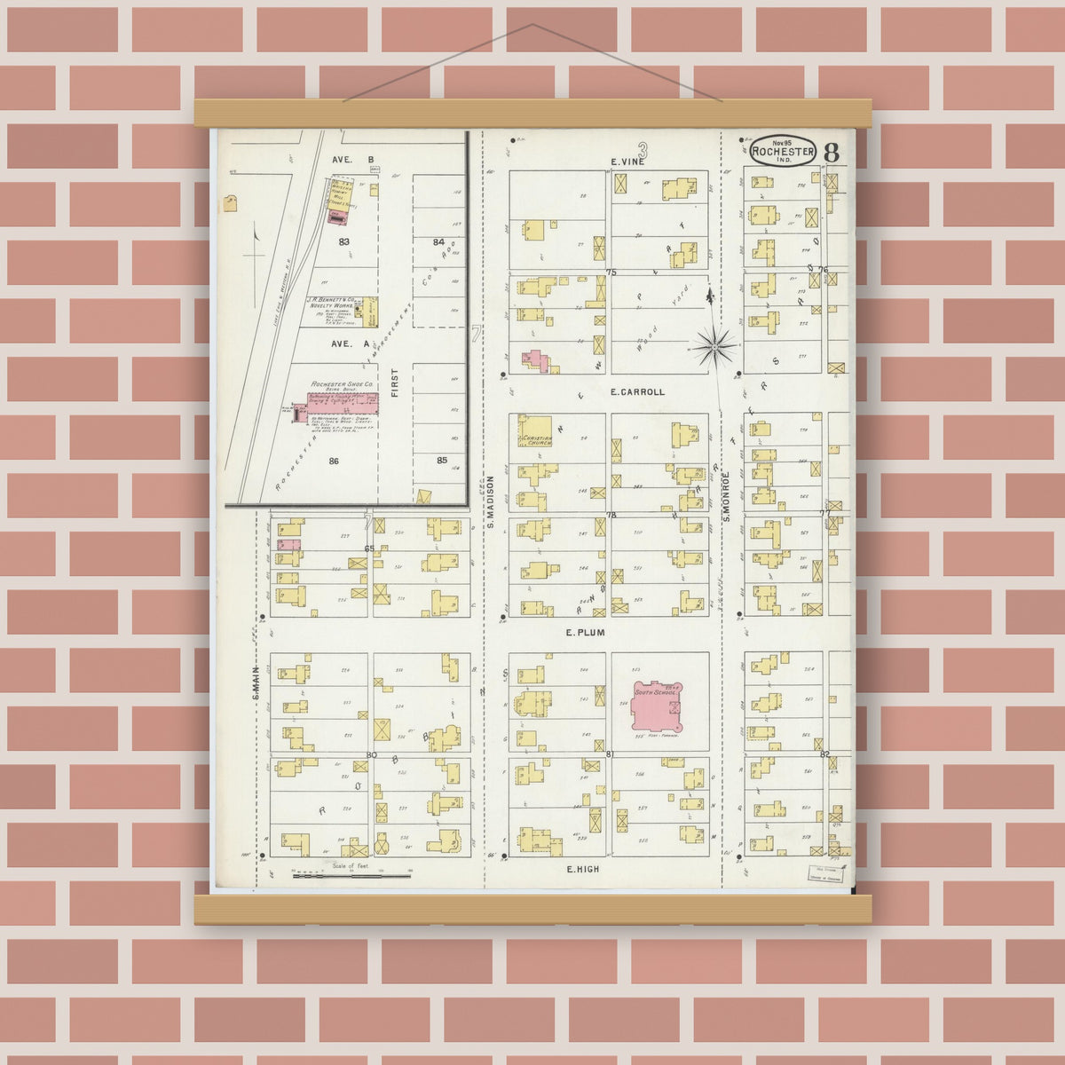 Old map wall art mockup — magnetic wood frame on brick wall — Sanborn Fire Insurance Map from Rochester, Fulton County, Indiana (1895), Sheet #0008