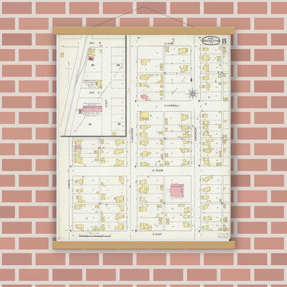 Old map wall art mockup — magnetic wood frame on brick wall — Sanborn Fire Insurance Map from Rochester, Fulton County, Indiana (1895), Sheet #0008