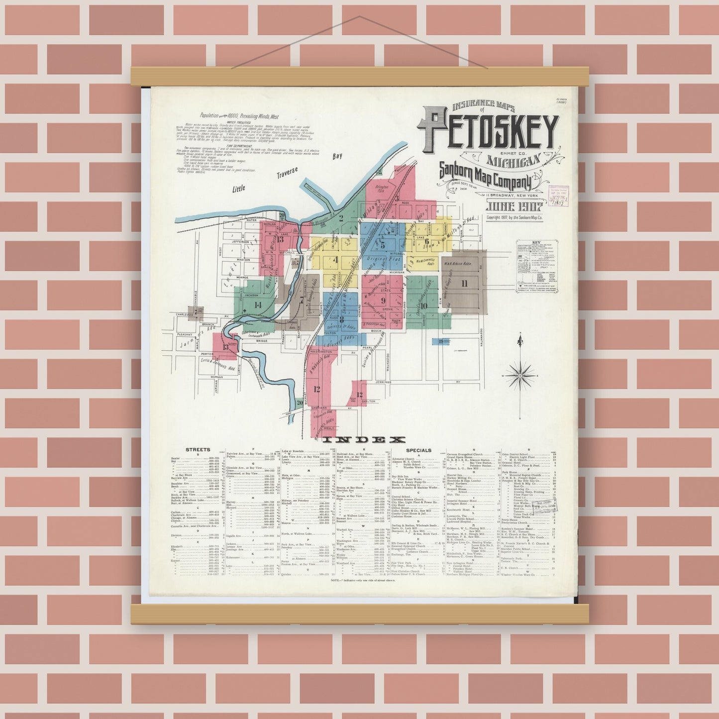 Old map wall art mockup — magnetic wood frame on brick wall — Sanborn Fire Insurance Map from Petoskey, Emmet County, Michigan (1907) - Complete Map Set