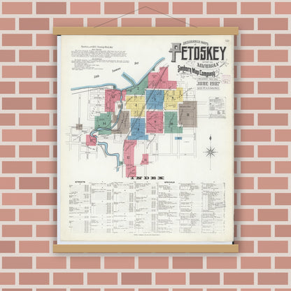 Old map wall art mockup — magnetic wood frame on brick wall — Sanborn Fire Insurance Map from Petoskey, Emmet County, Michigan (1907) - Complete Map Set