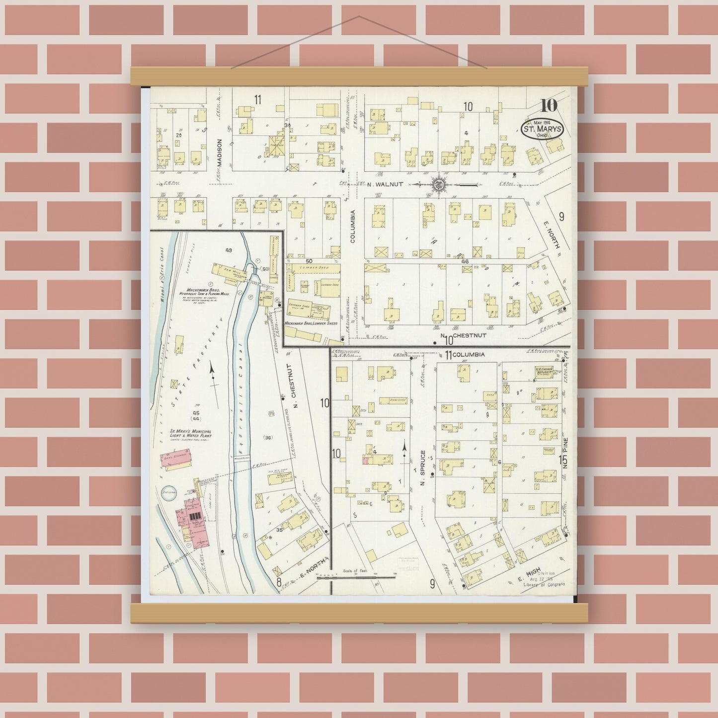 Old map wall art mockup — magnetic wood frame on brick wall — Sanborn Fire Insurance Map from Saint Marys, Auglaize County, Ohio (1914), Sheet #0010