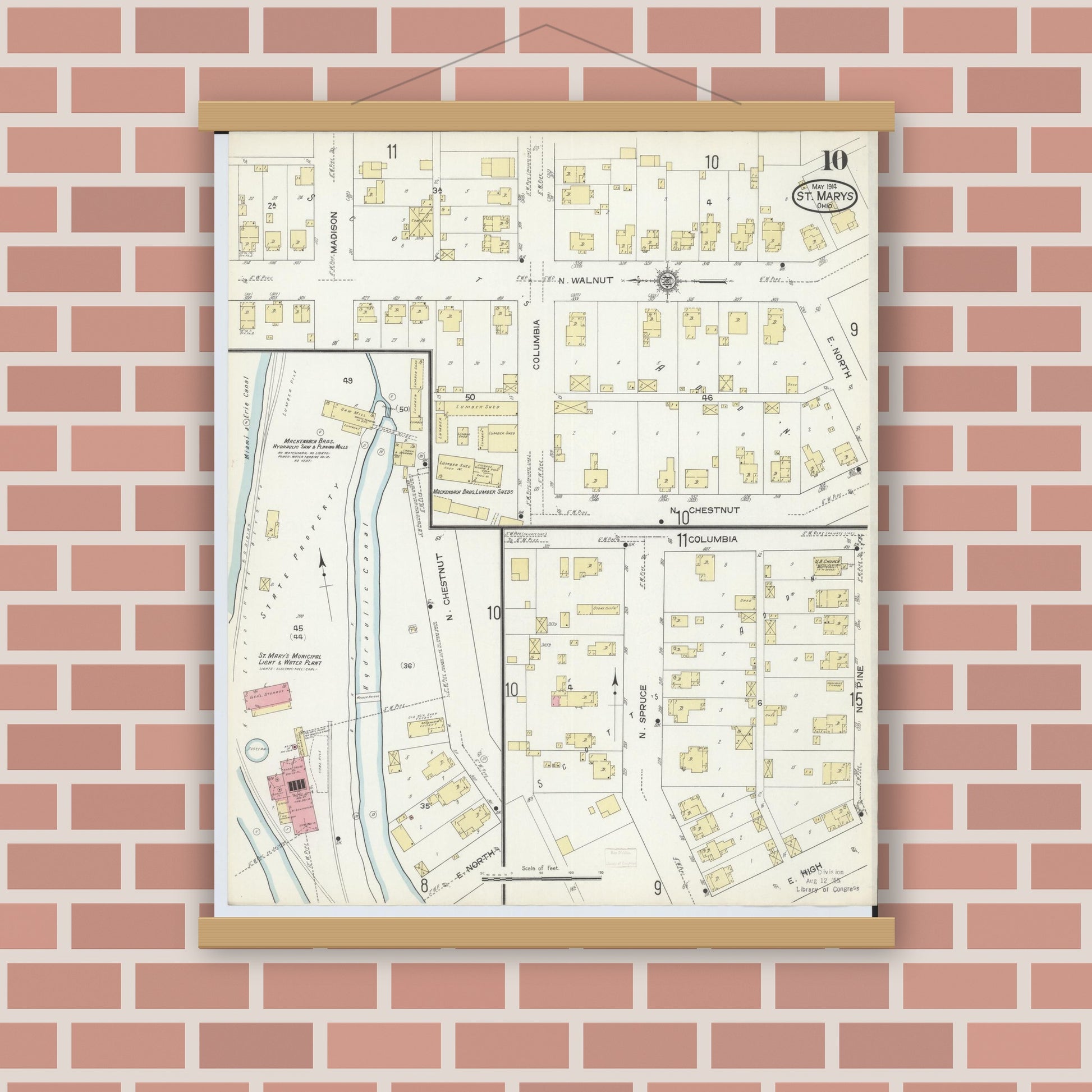 Old map wall art mockup — magnetic wood frame on brick wall — Sanborn Fire Insurance Map from Saint Marys, Auglaize County, Ohio (1914), Sheet #0010