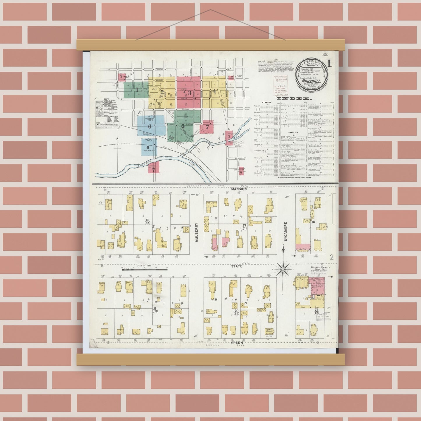 Old map wall art mockup — magnetic wood frame on brick wall — Sanborn Fire Insurance Map from Marshall, Calhoun County, Michigan (1899) - Complete Map Set