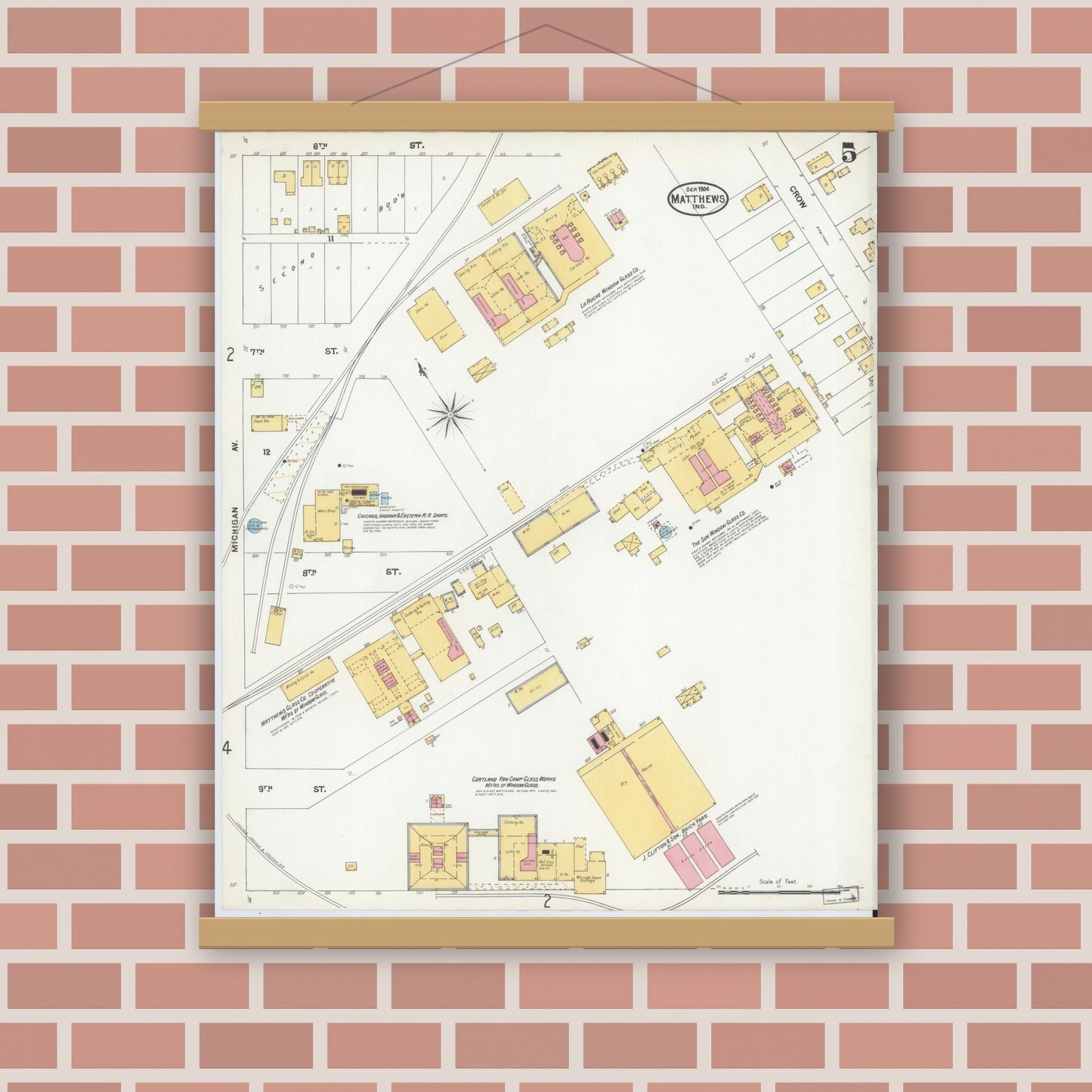 Old map wall art mockup — magnetic wood frame on brick wall — Sanborn Fire Insurance Map from Matthews, Grant County, Indiana (1904), Sheet #0005
