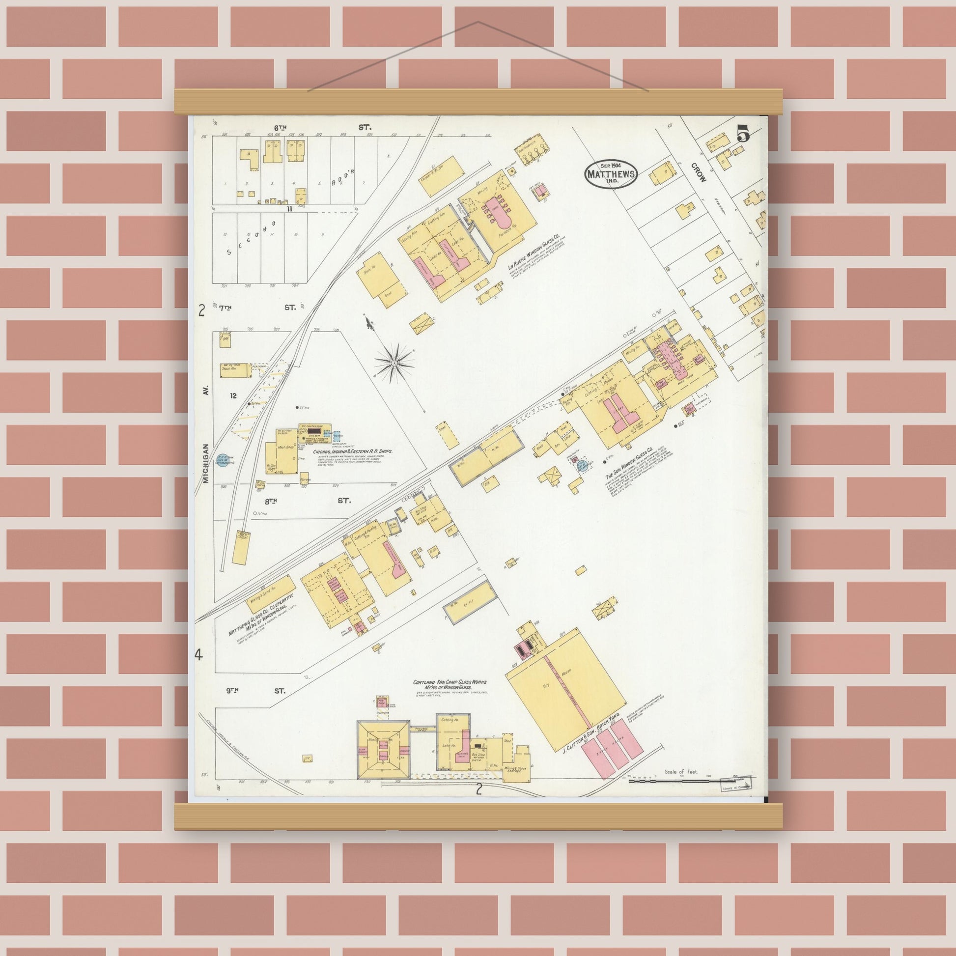 Old map wall art mockup — magnetic wood frame on brick wall — Sanborn Fire Insurance Map from Matthews, Grant County, Indiana (1904), Sheet #0005