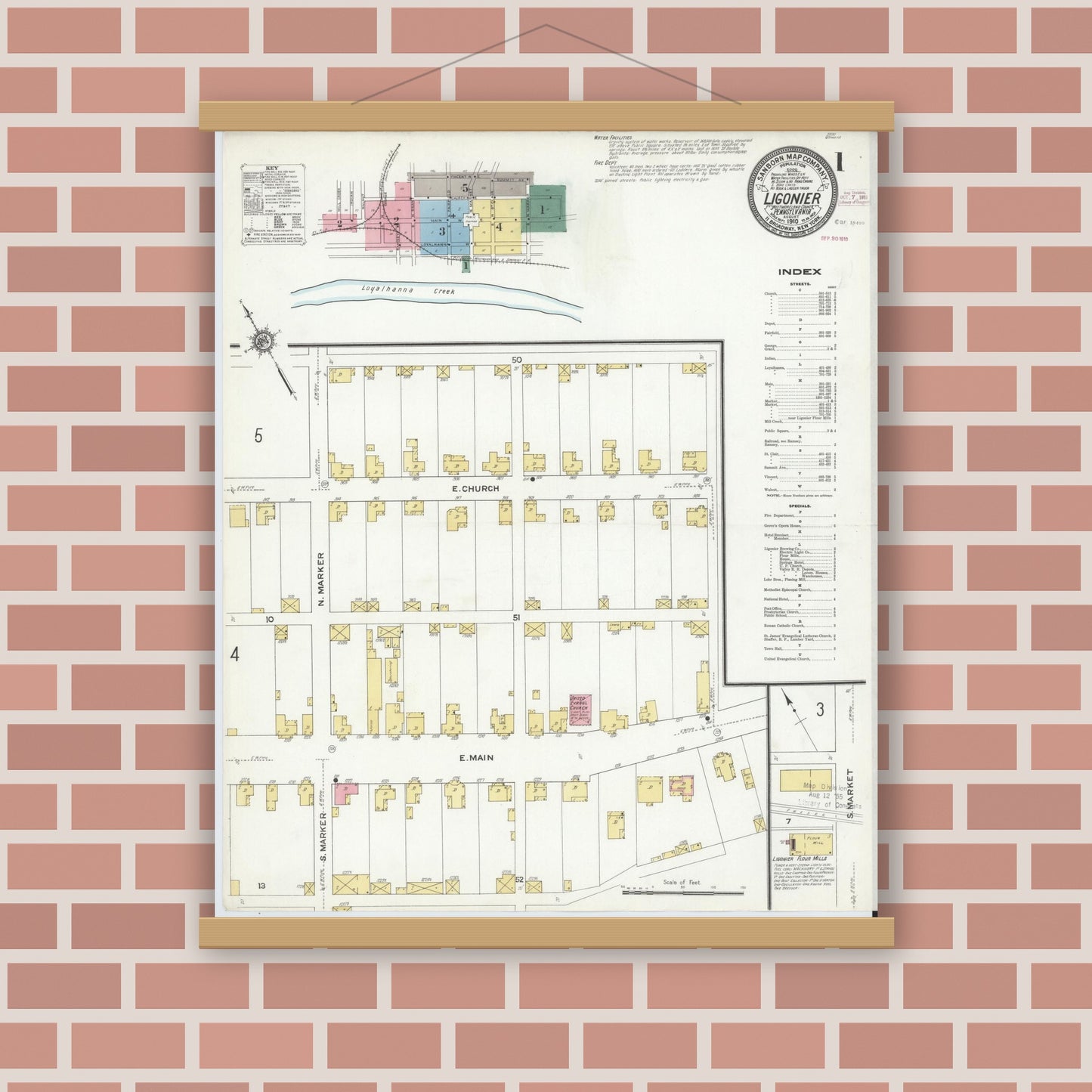 Old map wall art mockup — magnetic wood frame on brick wall — Sanborn Fire Insurance Map from Ligonier, Westmoreland County, Pennsylvania (1910) - Complete Map Set