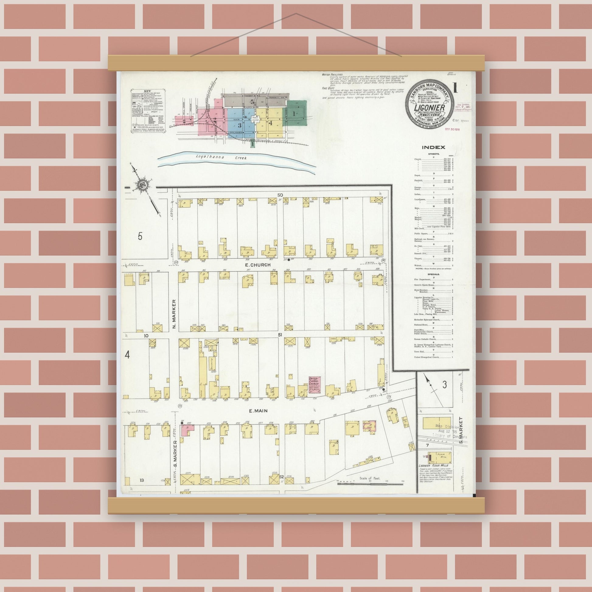 Old map wall art mockup — magnetic wood frame on brick wall — Sanborn Fire Insurance Map from Ligonier, Westmoreland County, Pennsylvania (1910) - Complete Map Set