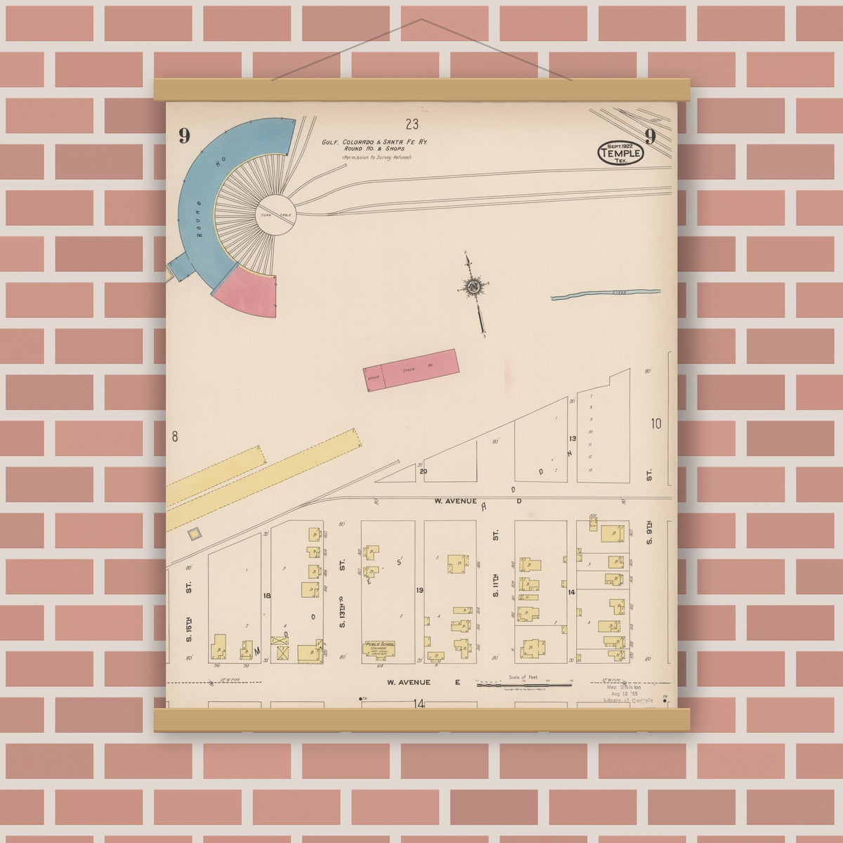 Old map wall art mockup — magnetic wood frame on brick wall — Sanborn Fire Insurance Map from Temple, Bell County, Texas (1922), Sheet #0009