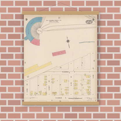 Old map wall art mockup — magnetic wood frame on brick wall — Sanborn Fire Insurance Map from Temple, Bell County, Texas (1922), Sheet #0009