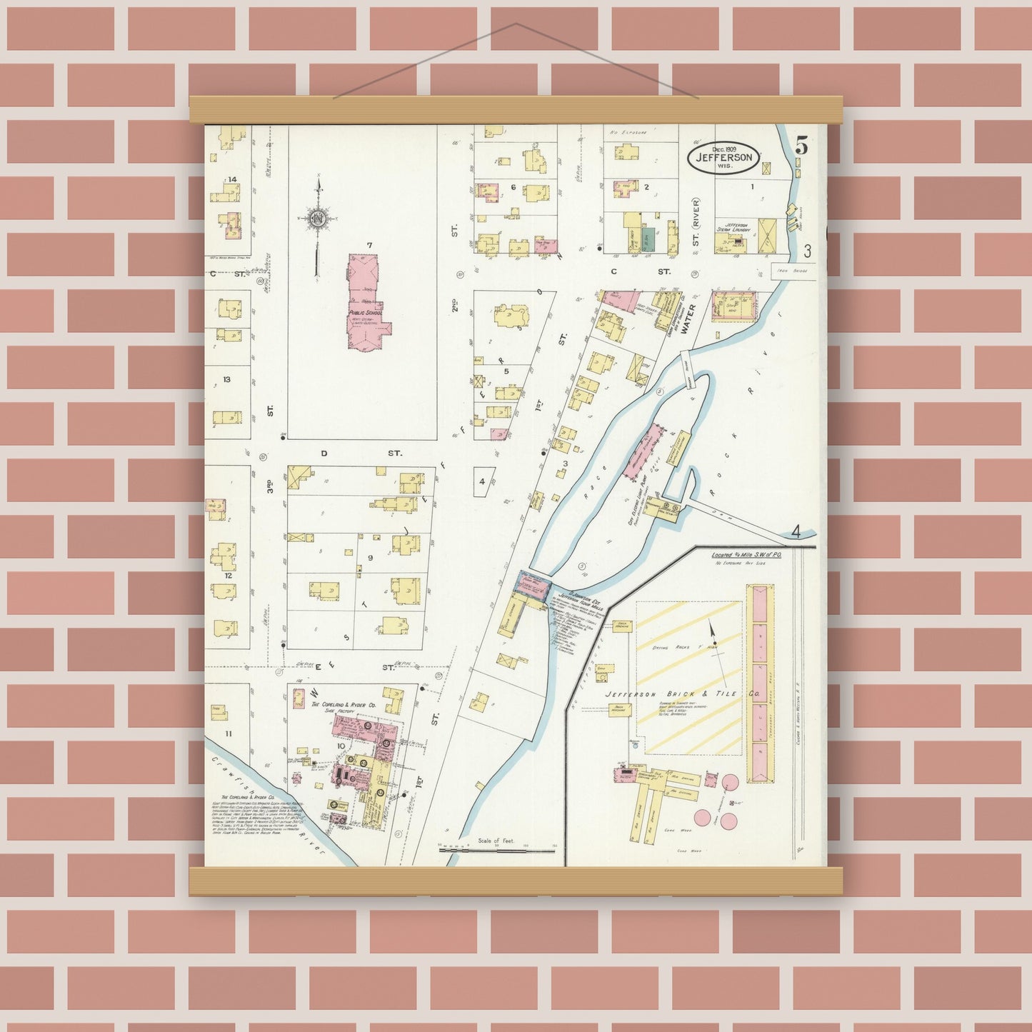 Old map wall art mockup — magnetic wood frame on brick wall — Sanborn Fire Insurance Map from Jefferson, Jefferson County, Wisconsin (1909), Sheet #0005