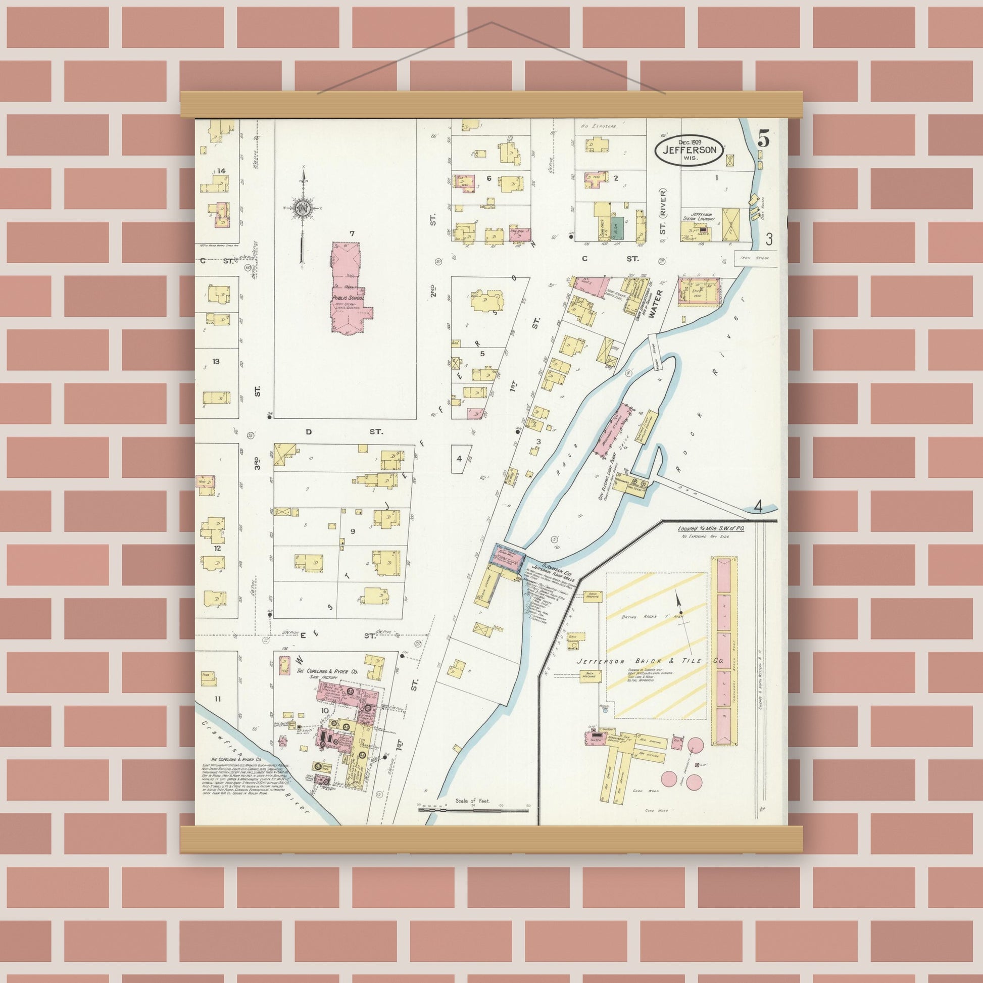 Old map wall art mockup — magnetic wood frame on brick wall — Sanborn Fire Insurance Map from Jefferson, Jefferson County, Wisconsin (1909), Sheet #0005