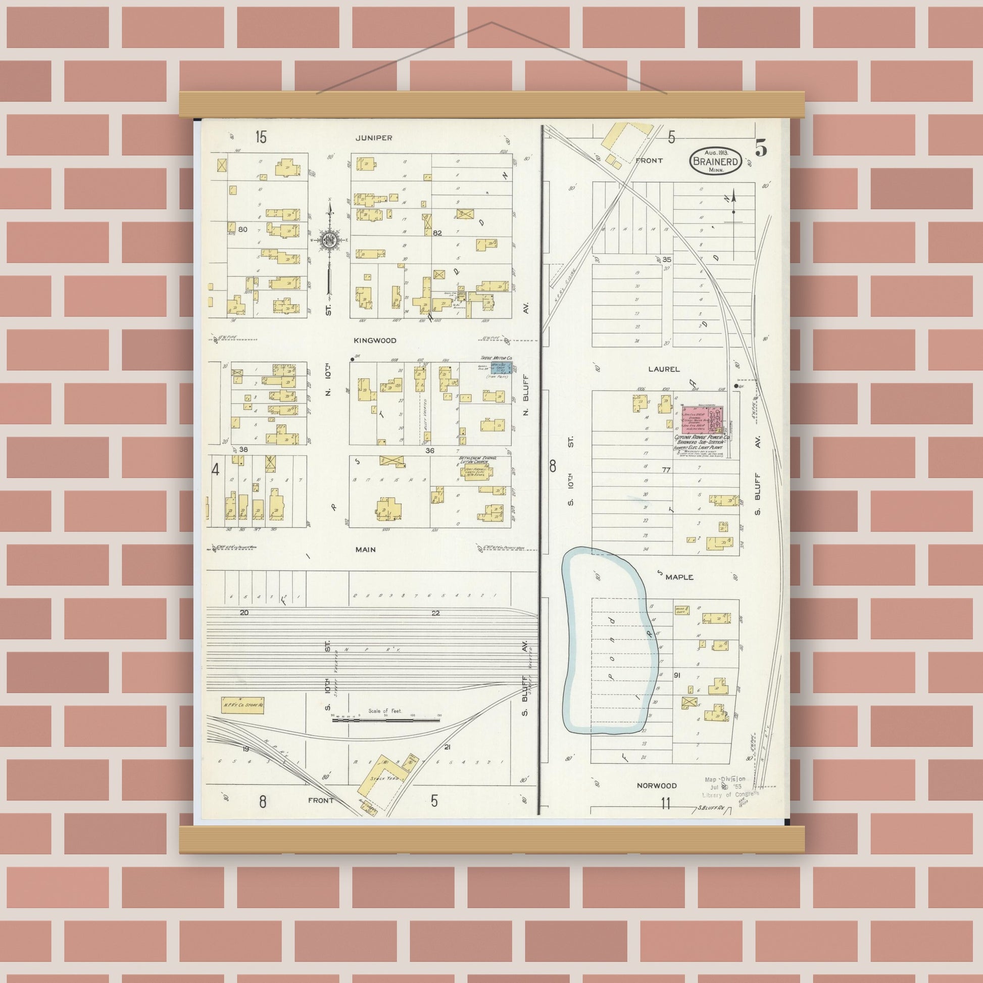 Old map wall art mockup — magnetic wood frame on brick wall — Sanborn Fire Insurance Map from Brainerd, Crow Wing County, Minnesota (1913), Sheet #0005