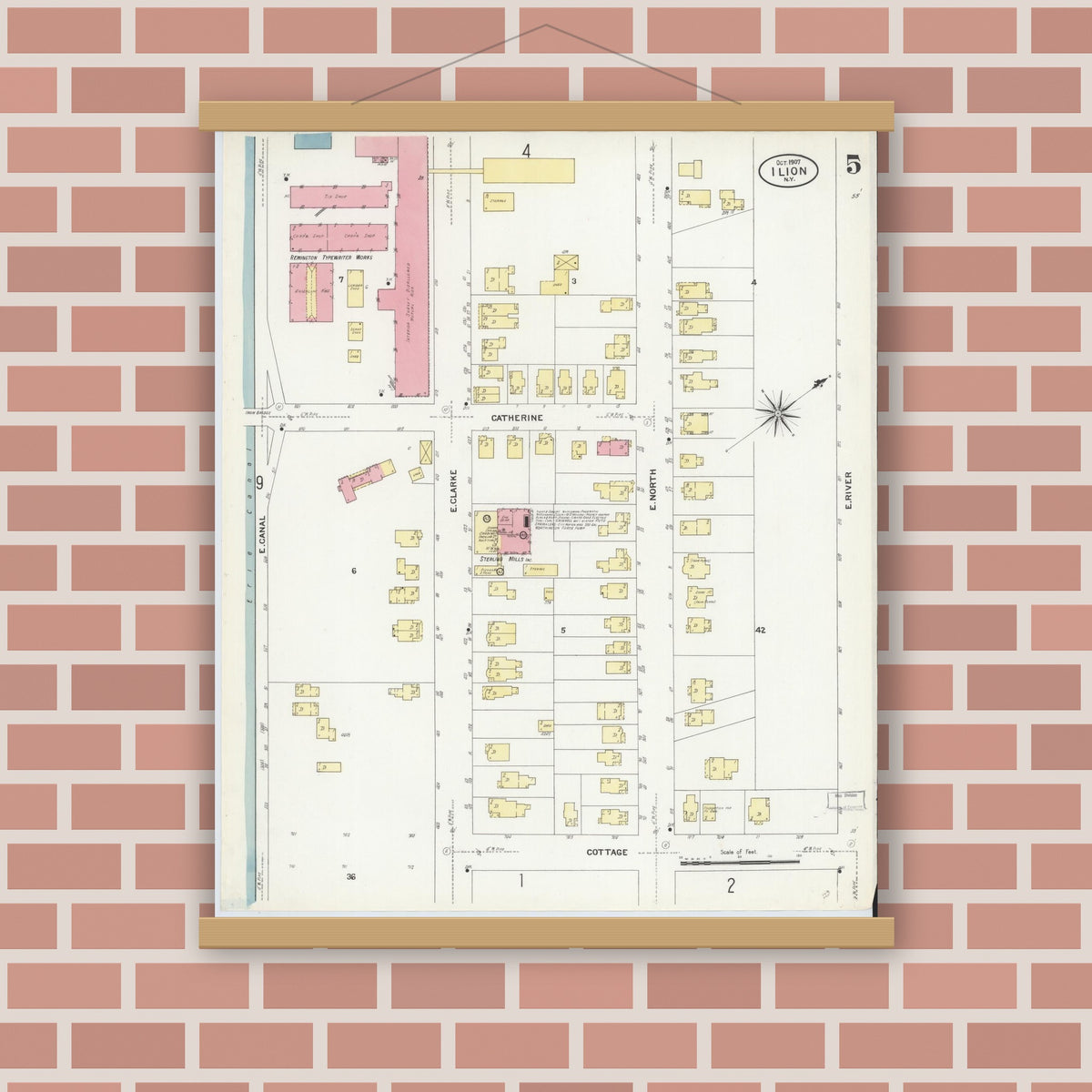 Old map wall art mockup — magnetic wood frame on brick wall — Sanborn Fire Insurance Map from Ilion, Herkimer County, New York (1907), Sheet #0005