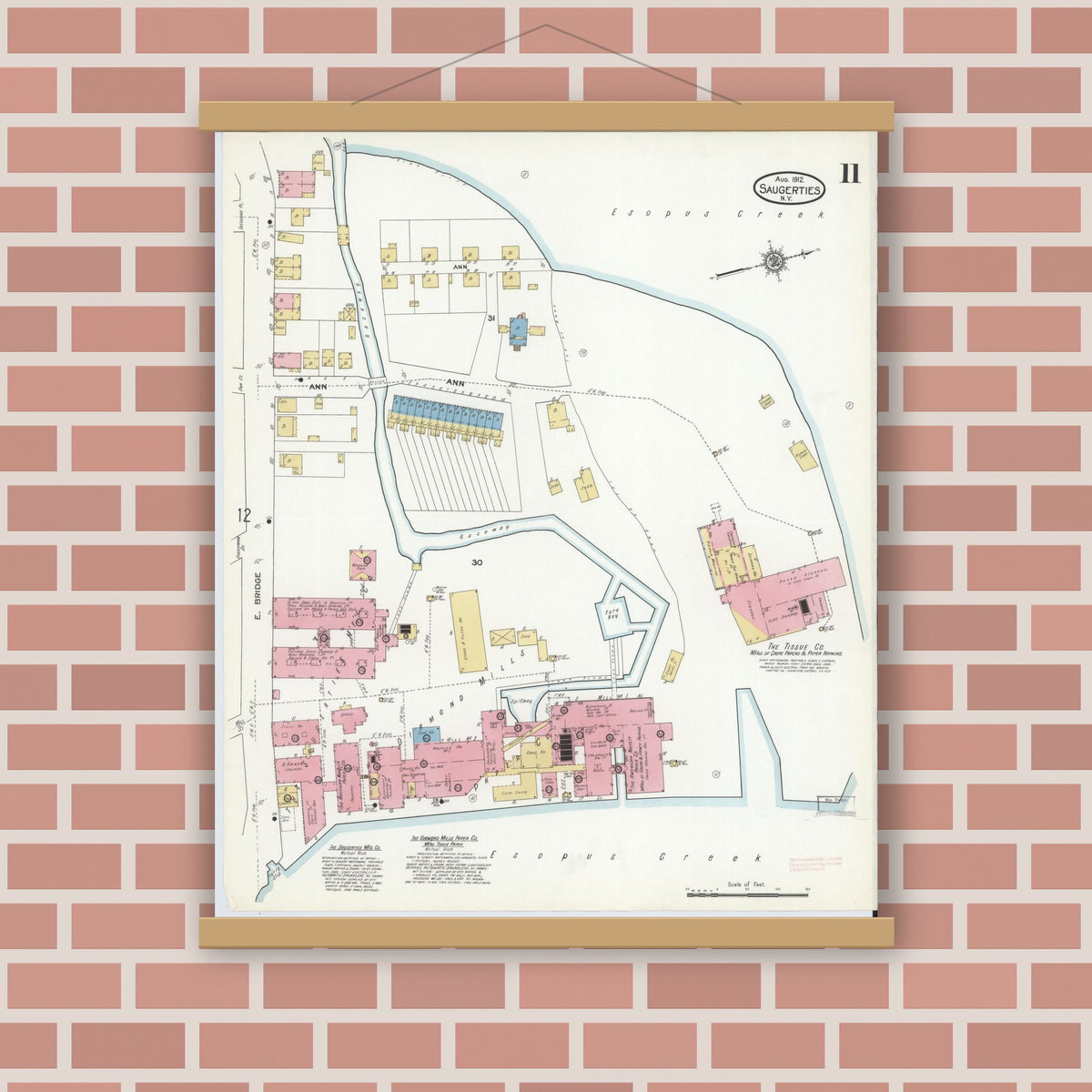 Old map wall art mockup — magnetic wood frame on brick wall — Sanborn Fire Insurance Map from Saugerties, Ulster County, New York (1912), Sheet #0011