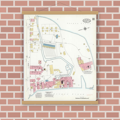 Old map wall art mockup — magnetic wood frame on brick wall — Sanborn Fire Insurance Map from Saugerties, Ulster County, New York (1912), Sheet #0011