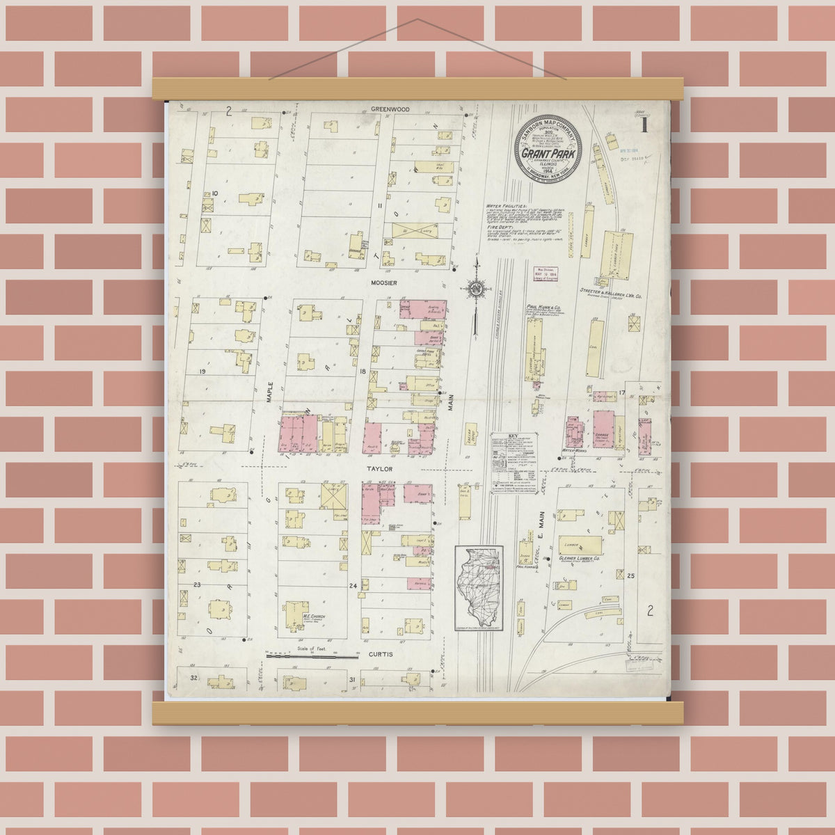Old map wall art mockup — magnetic wood frame on brick wall — Sanborn Fire Insurance Map from Grant Park, Kankakee County, Illinois (1914) - Complete Map Set