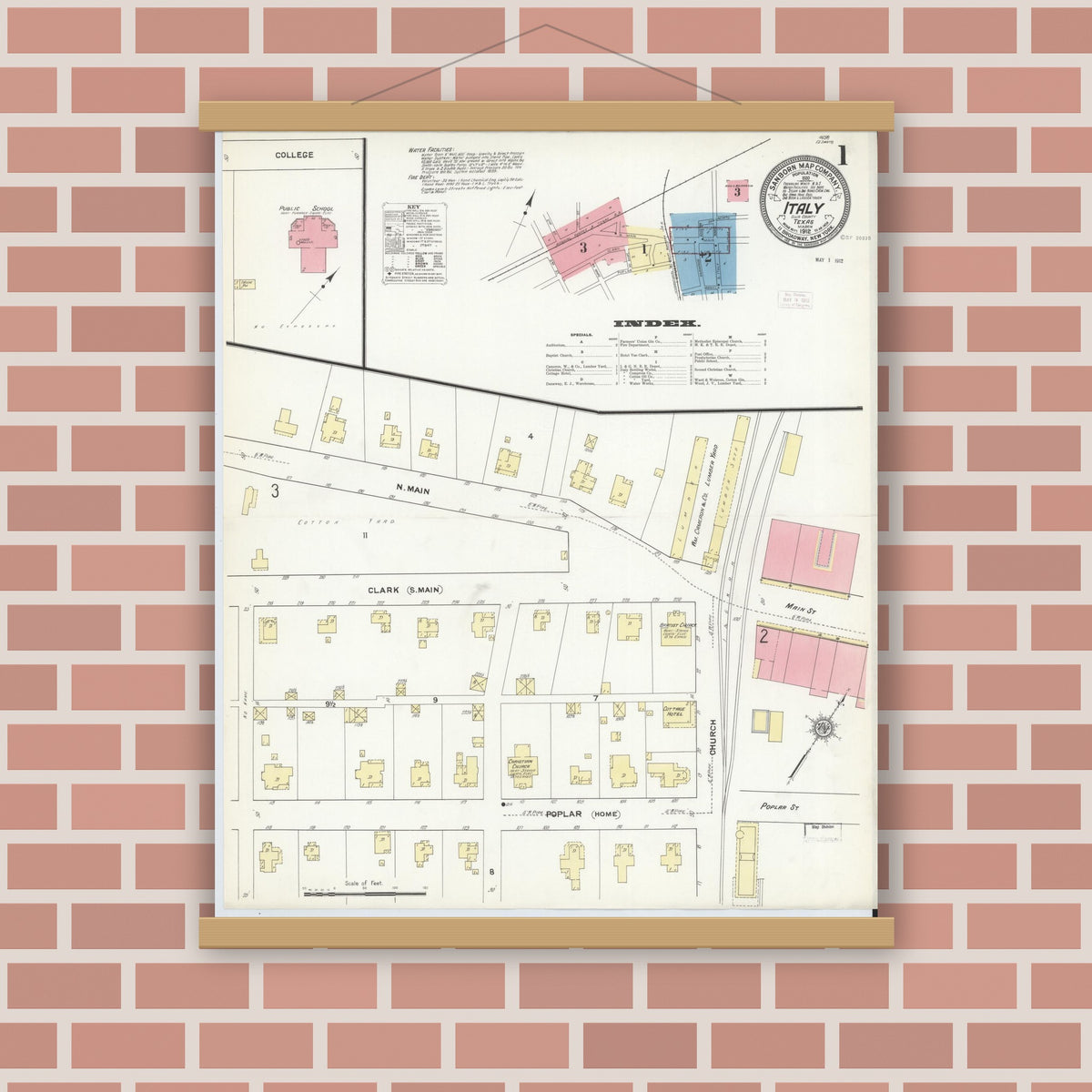 Old map wall art mockup — magnetic wood frame on brick wall — Sanborn Fire Insurance Map from Italy, Ellis County, Texas (1912) - Complete Map Set