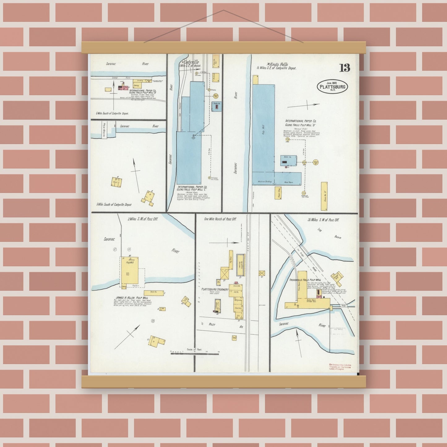Old map wall art mockup — magnetic wood frame on brick wall — Sanborn Fire Insurance Map from Plattsburg, Clinton County, New York (1902), Sheet #0013