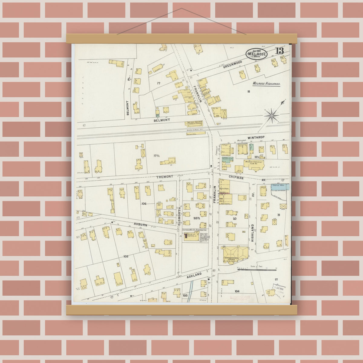 Old map wall art mockup — magnetic wood frame on brick wall — Sanborn Fire Insurance Map from Melrose, Middlesex County, Massachusetts (1897), Sheet #0013