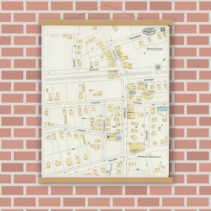 Old map wall art mockup — magnetic wood frame on brick wall — Sanborn Fire Insurance Map from Melrose, Middlesex County, Massachusetts (1897), Sheet #0013
