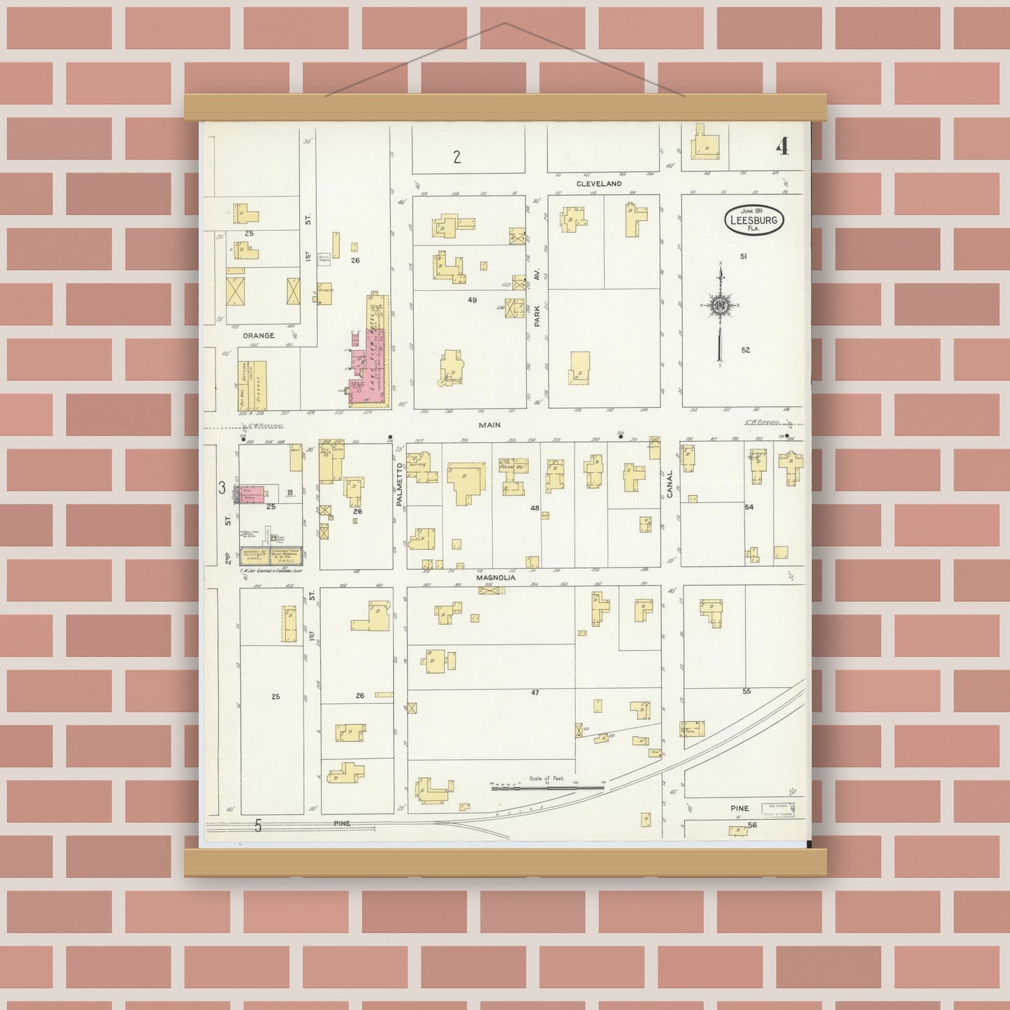 Old map wall art mockup — magnetic wood frame on brick wall — Sanborn Fire Insurance Map from Leesburg, Lake County, Florida (1911), Sheet #0004