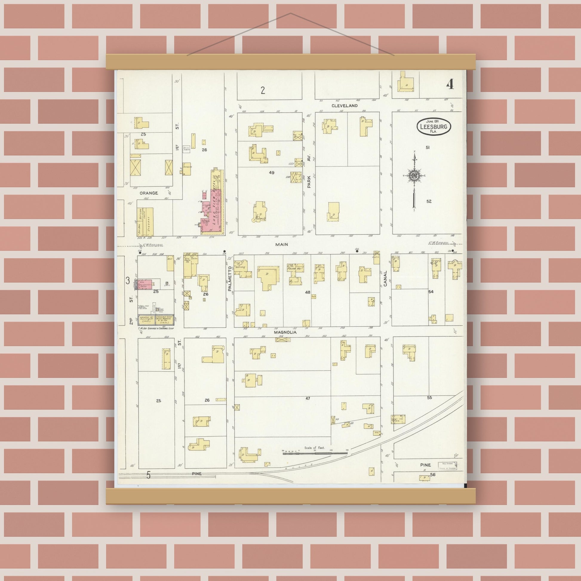Old map wall art mockup — magnetic wood frame on brick wall — Sanborn Fire Insurance Map from Leesburg, Lake County, Florida (1911), Sheet #0004