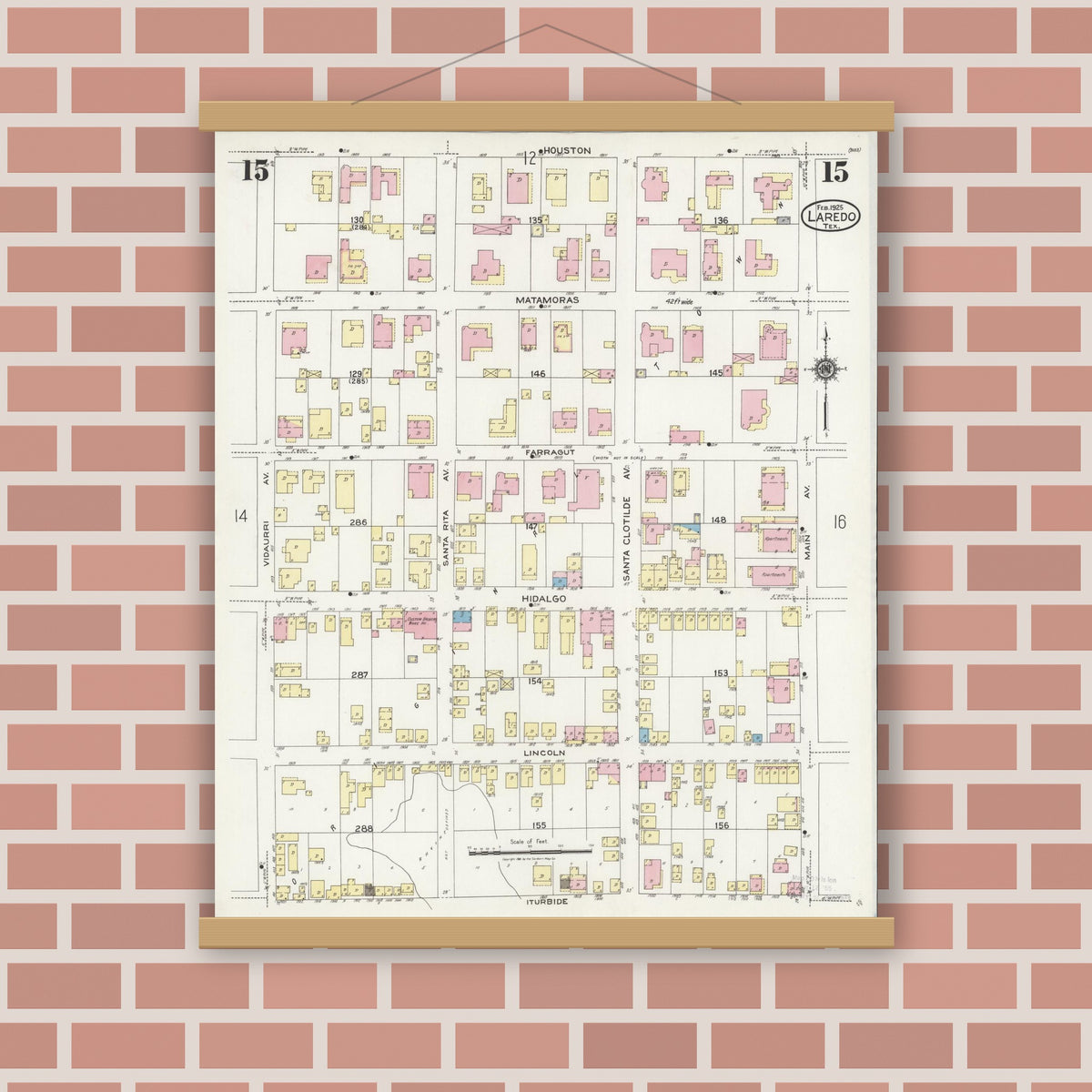 Old map wall art mockup — magnetic wood frame on brick wall — Sanborn Fire Insurance Map from Laredo, Webb County, Texas (1925), Sheet #0015