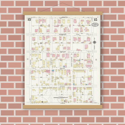Old map wall art mockup — magnetic wood frame on brick wall — Sanborn Fire Insurance Map from Laredo, Webb County, Texas (1925), Sheet #0015