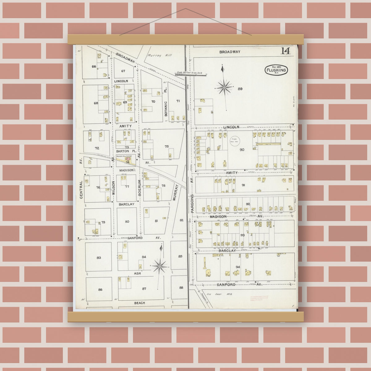 Old map wall art mockup — magnetic wood frame on brick wall — Sanborn Fire Insurance Map from Flushing, Queens County, New York (1892), Sheet #0014