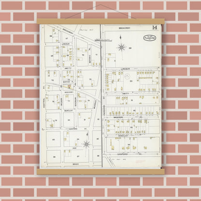 Old map wall art mockup — magnetic wood frame on brick wall — Sanborn Fire Insurance Map from Flushing, Queens County, New York (1892), Sheet #0014