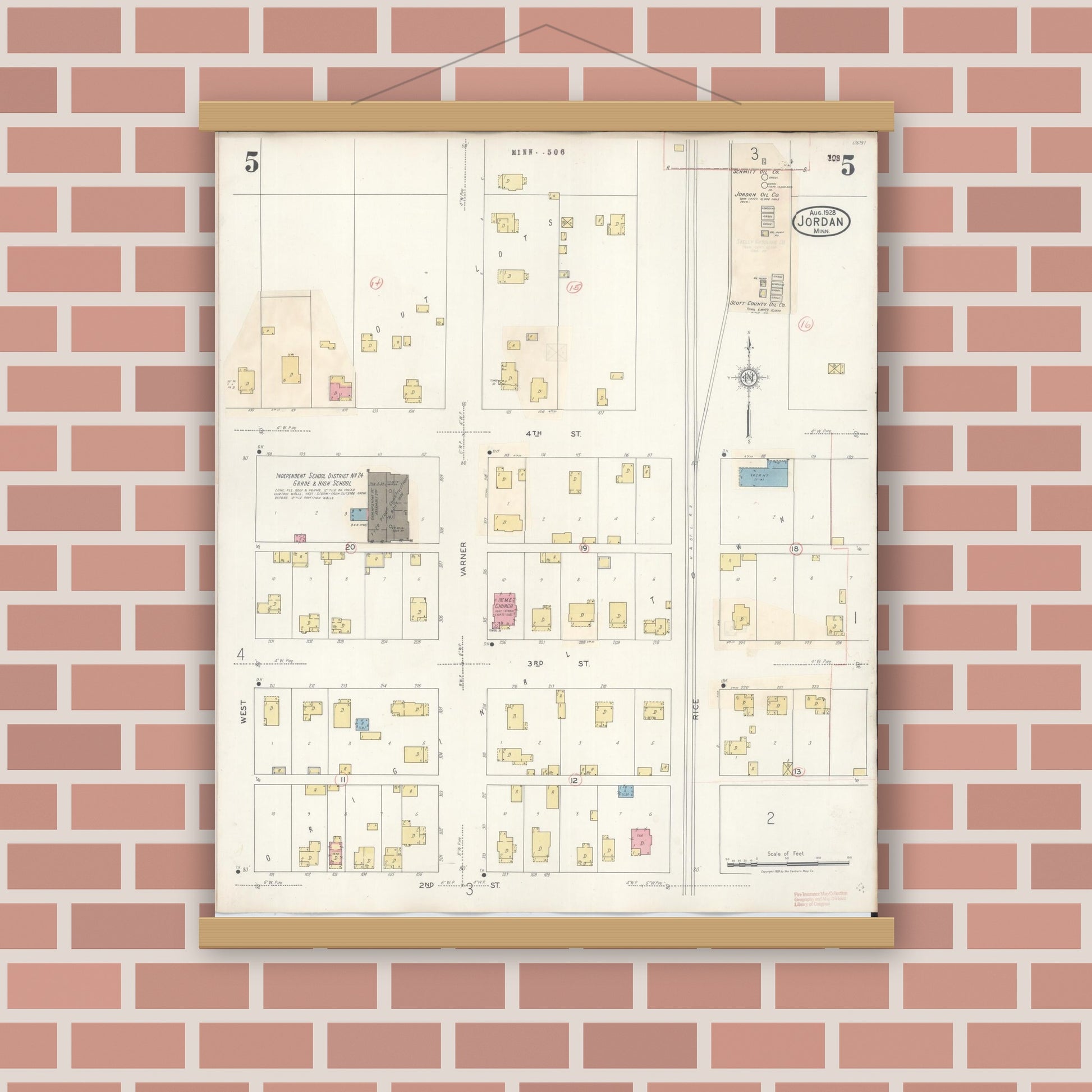 Old map wall art mockup — magnetic wood frame on brick wall — Sanborn Fire Insurance Map from Jordan, Scott County, Minnesota (1933), Sheet #0005