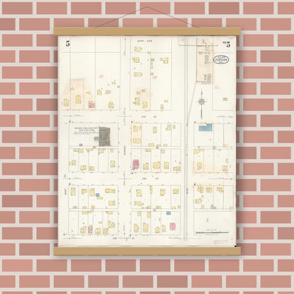 Old map wall art mockup — magnetic wood frame on brick wall — Sanborn Fire Insurance Map from Jordan, Scott County, Minnesota (1933), Sheet #0005