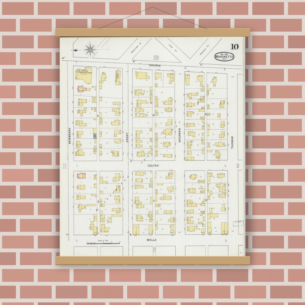 Old map wall art mockup — magnetic wood frame on brick wall — Sanborn Fire Insurance Map from Marinette, Marinette County, Wisconsin (1895), Sheet #0010