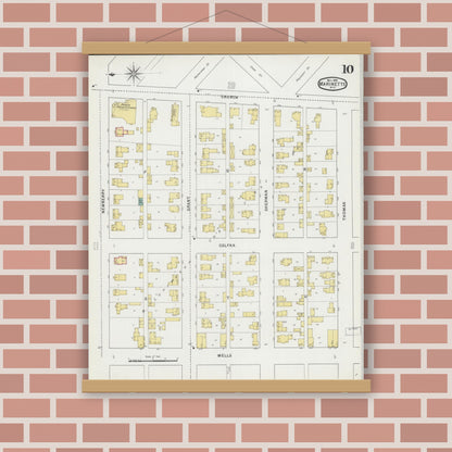 Old map wall art mockup — magnetic wood frame on brick wall — Sanborn Fire Insurance Map from Marinette, Marinette County, Wisconsin (1895), Sheet #0010