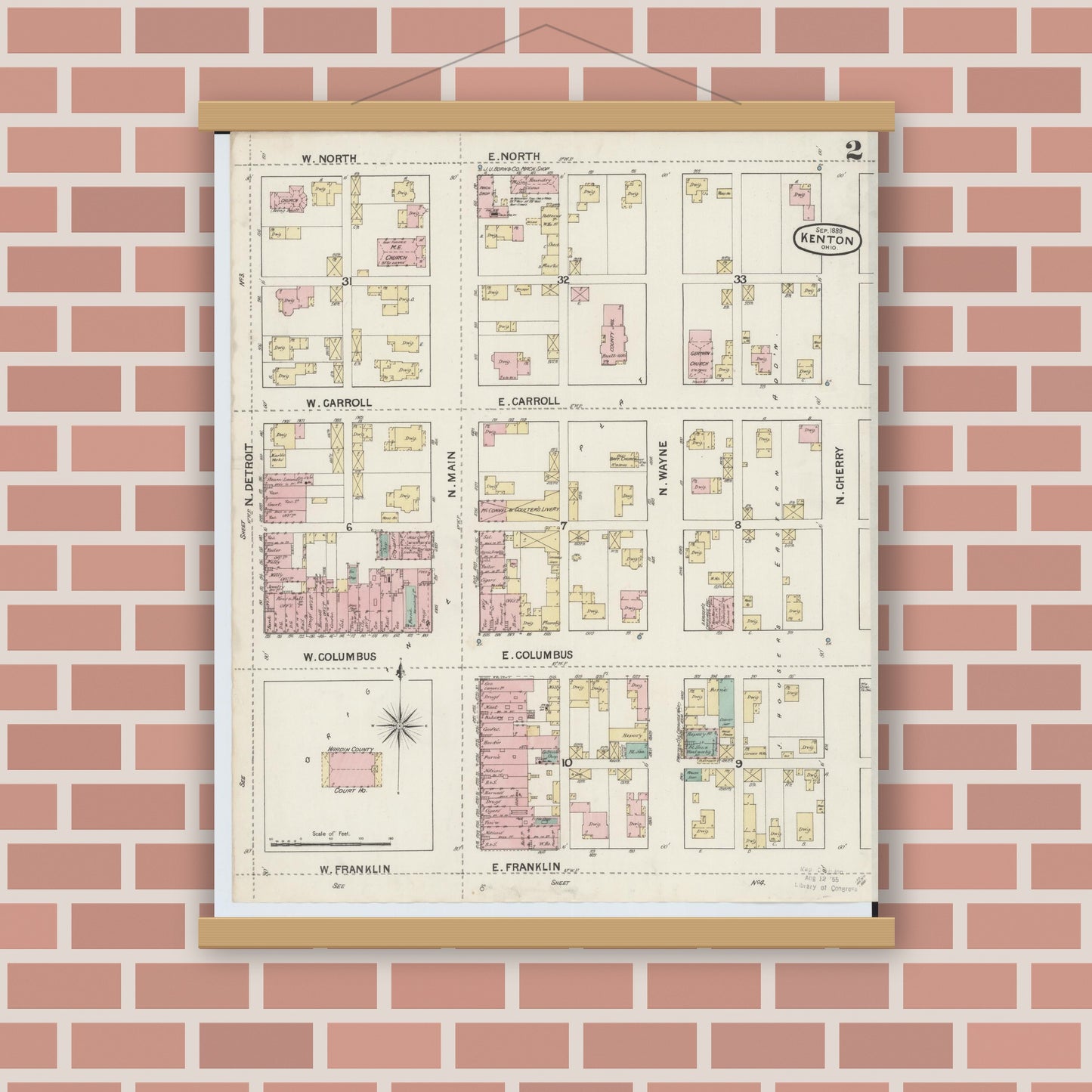 Old map wall art mockup — magnetic wood frame on brick wall — Sanborn Fire Insurance Map from Kenton, Hardin County, Ohio (1888), Sheet #0002