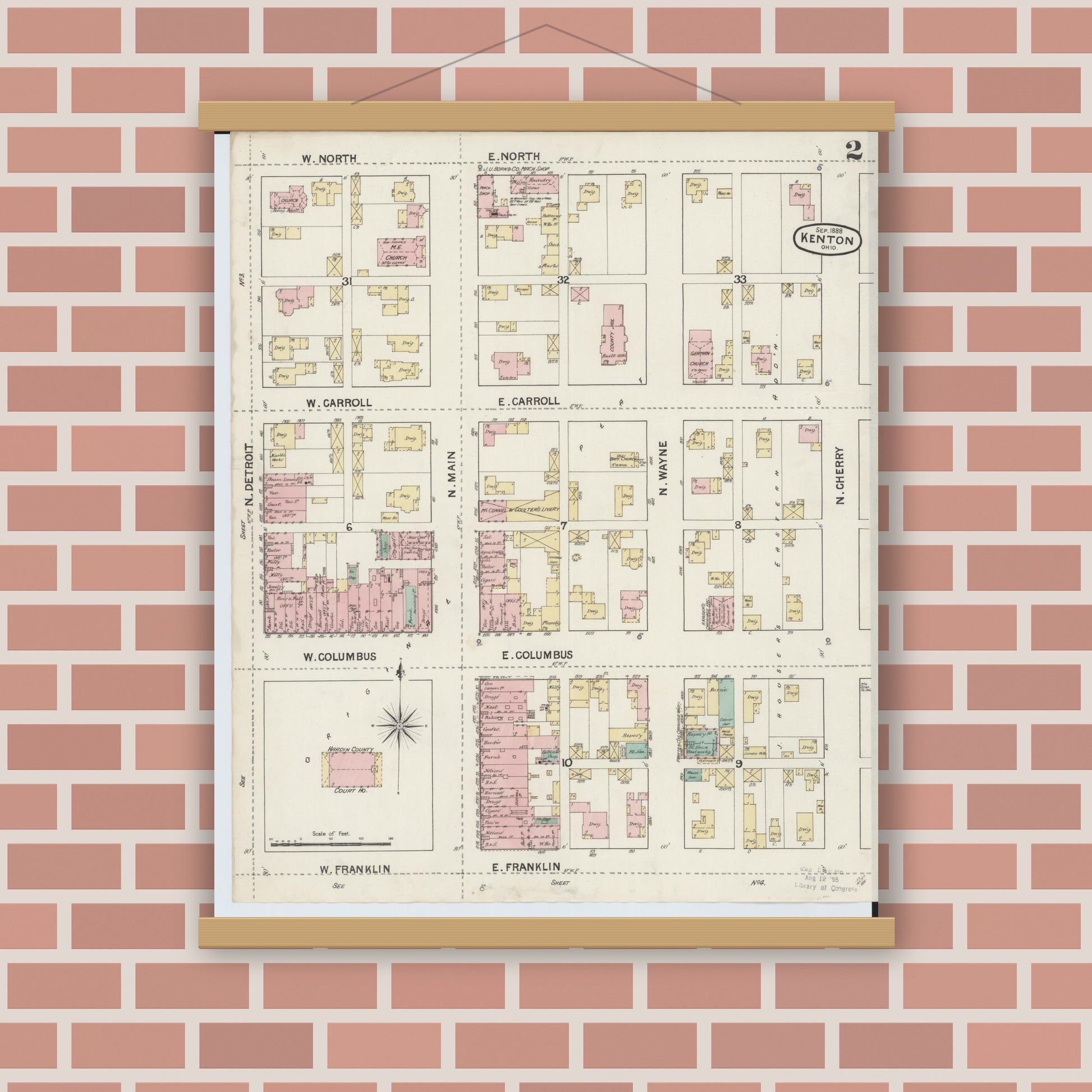 Old map wall art mockup — magnetic wood frame on brick wall — Sanborn Fire Insurance Map from Kenton, Hardin County, Ohio (1888), Sheet #0002