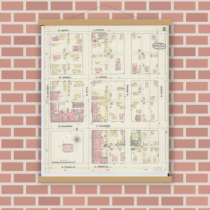 Old map wall art mockup — magnetic wood frame on brick wall — Sanborn Fire Insurance Map from Kenton, Hardin County, Ohio (1888), Sheet #0002